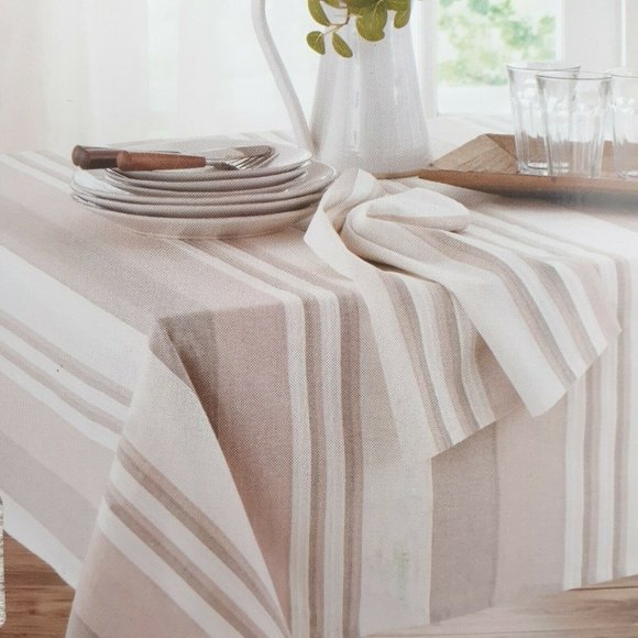 Fabric Tablecloth Natural Stripe Beige Ivory - Picture 1 of 3